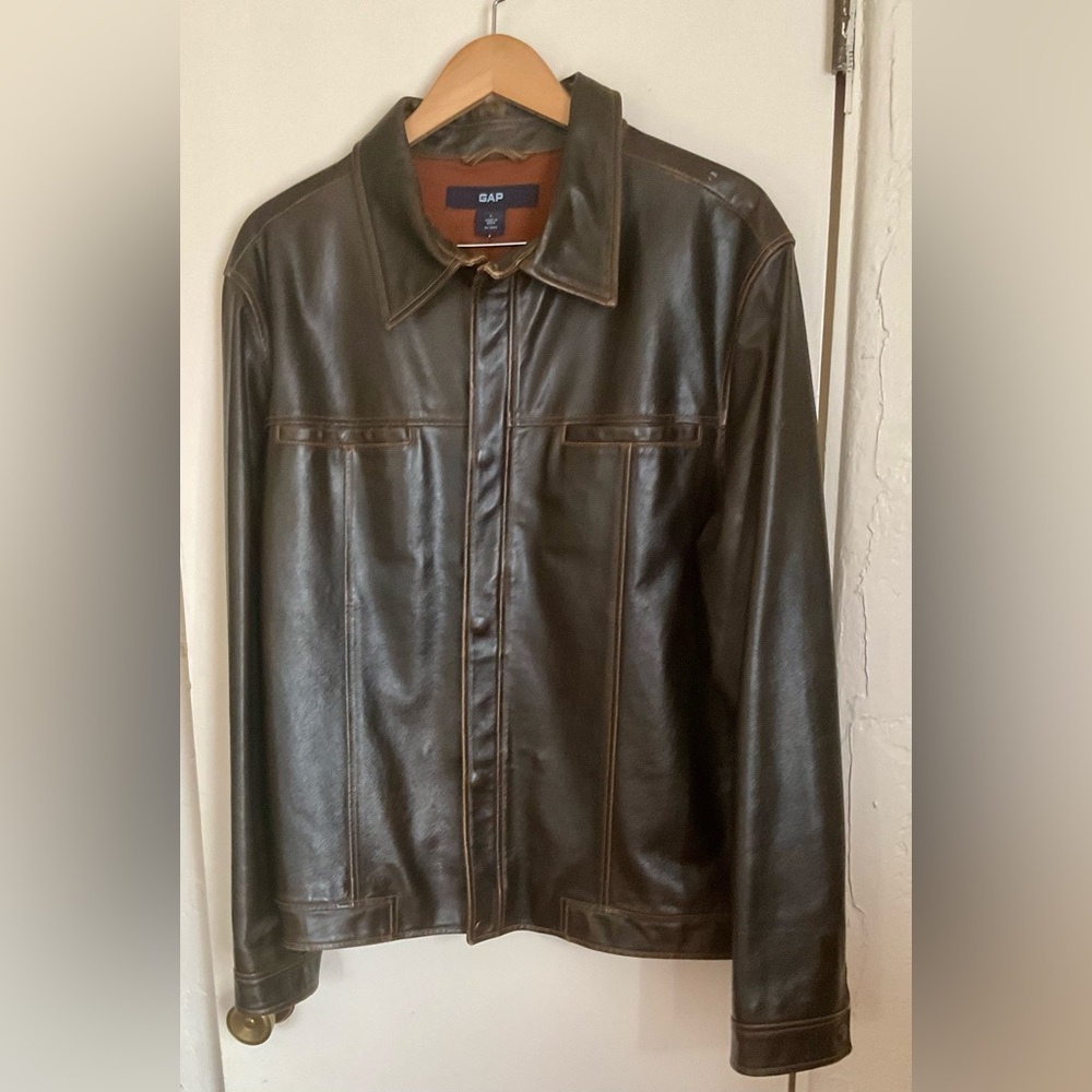 Vintage 2002 Gap Men's Brown Leather jacket Coat Size L Fully Lined Snap & Zip